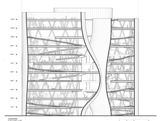Black and white line-drawing of a building section with flat floor plates shown and diagonally organized, wicker-basket-like structural members extending the full height of the building within.