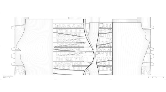 Black and white line-drawing of a building section with adjacent unrolled elevations with flat floor plates shown and diagonally organized, wicker-basket-like structural members extending the full height of the building within. Facades are rendered as non-translucent line-drawings that articulate the fabric-like draped texture of project.