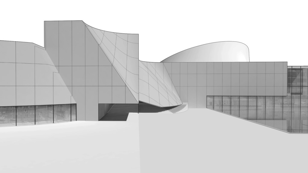 Black and white rendered perpective of building elevation viewed from ground level.
