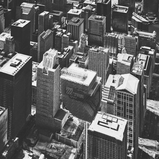 Aerial perspective of building sited in downtown Chicago.