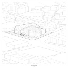Black and white axonometric drawing of entire site.