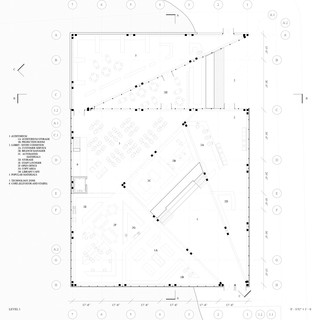 Black and white architectural plan drawing of level one.