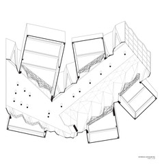 Black and white line drawing in axonometric projection viewed from underneath the building.