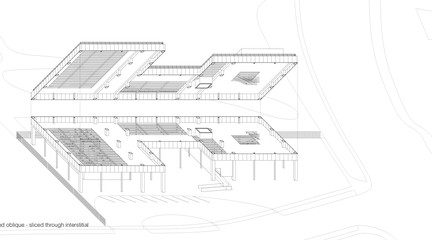 Hinged oblique drawing of building on site.