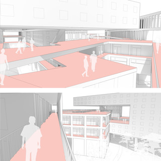Two rendered vignettes showing exterior circulation space within site.