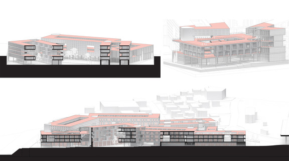 Two section perspectives and one axonometric rendering.