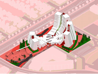 Rendered axonometric projection of a housing development in Los Angeles.