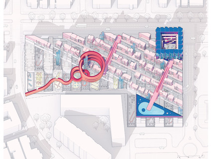 Rendered axonometric projection of a housing development in Los Angeles.