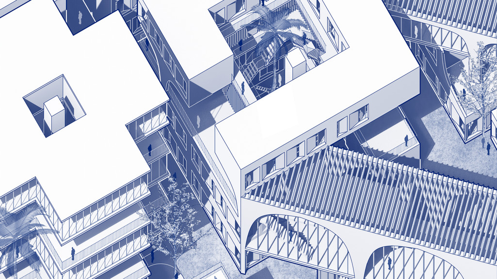 Cropped axonometric drawing a housing development in Los Angeles.