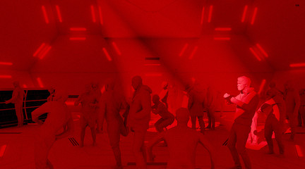 Red room with small, linear lighting on floor, walls, and ceiling and people dancing or exercising.