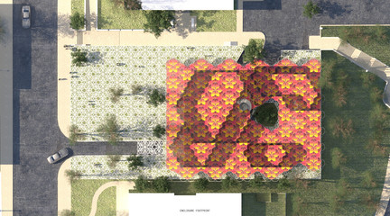 Bird’s-eye view of rectangular pavilion with two geometric patterns.
