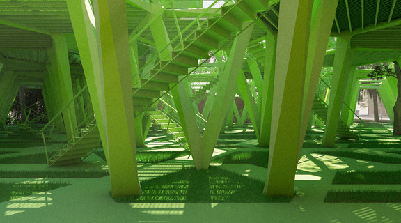Peering between columns of shaded green structure with staircases scattered about.