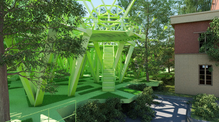 Bright green pavilion with staircase to the second floor centered in the frame.