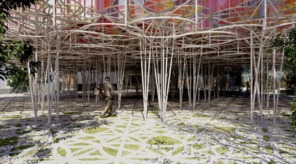 Person walking through a field of columns holding up pavilion roof.