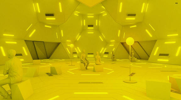 Yellow room with small, linear lighting on floor, walls, and ceiling and people sitting on furniture.
