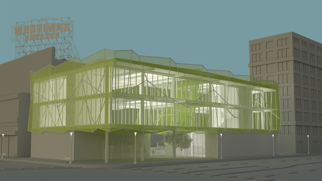 Rendered perspective drawing of project expressing the street corner condition at nighttime.