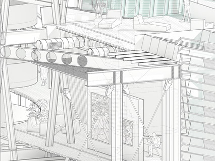 Axonometric project with sectional cut to expose building interior.