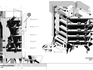 North elevation and cutaway model drawing.