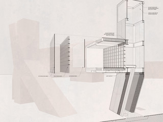 Axonometric project drawn and rendered with sectional cut to describe building systems in detail.