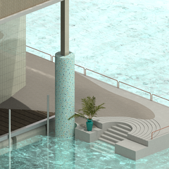 Close up drawing of where water meets a stair into a pool. Plants, title, and railings are included.