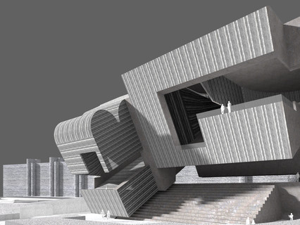 Rendered perspective of building facade.