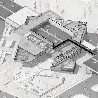 Rendered sectional axonometric with cut through the building to show programming inside.