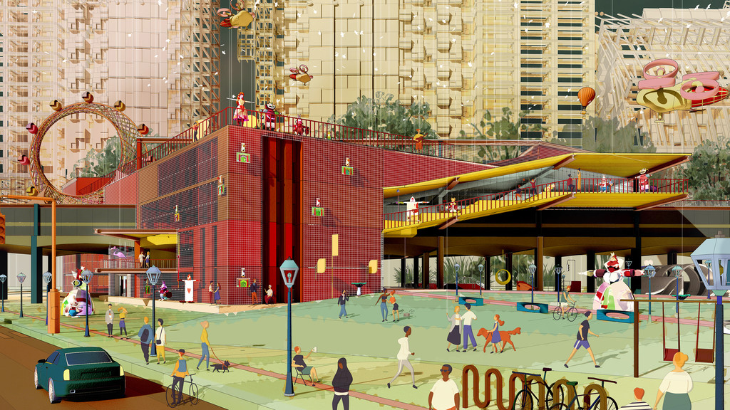 Digital rendering of building and surrounding street activity.