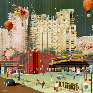 Digital rendering of building and surrounding street activity.