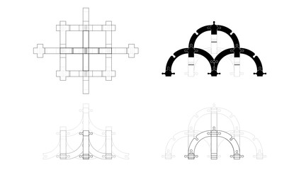 1 scaffold-like system of joint in top elevation with hidden lines and 3 different side elevations with hidden lines.