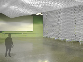 Joint aggregation becomes a white parametric wall covering the ceiling and the wall