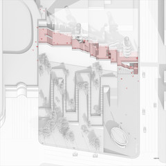 Site plan rendered in grey and white ith red staircase cutting through the iddle of the building.