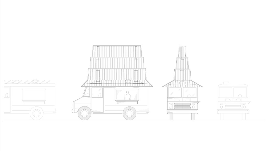 Elevation drawing of a food truck with patented roof sign device.