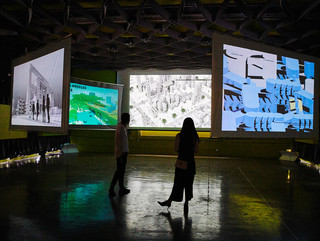 Projections of student work from Neil Denari’s Research Studio on six elevated screens in the Decafé at Perloff Hall.