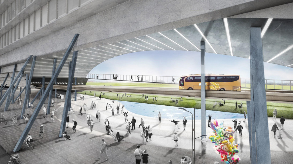 Digital rendering depicting space and street activity beneath bridge