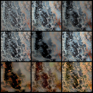 Aerial photographs of dried lake bed. Organized in a pop-art fashion with gradual changes in pixelation exhibited in nine images organized in a three by three grid. Blue and red pigmentation transitions to orange and green from top left to bottom right.