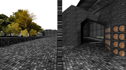 Black brick building with wine barrels site within wall.