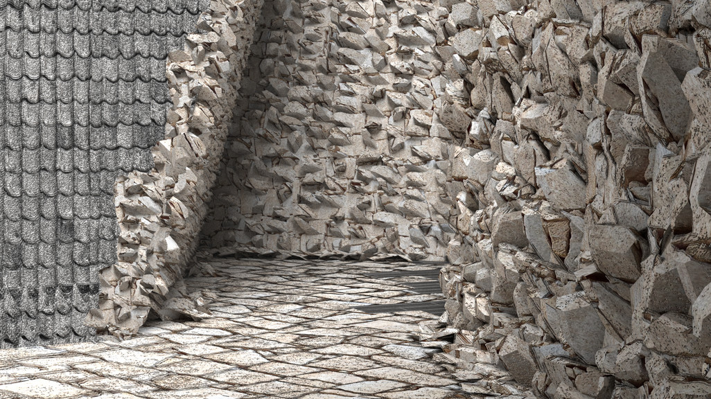 Rough, grey stone wall juxtaposed with wall covered in black shingles.