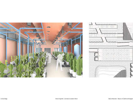 Cropped plan drawing with rendered vignette of the same space.