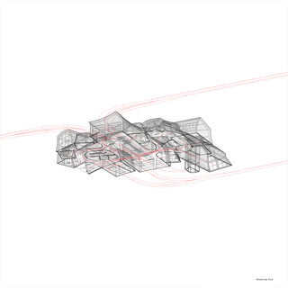 Axonometric wireframe diagram showing ground floor plan and circulation.