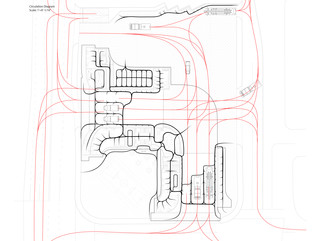 A circulation diagram in one-sixteenth f an inch scale with red lines from ifferent directions to show movements.