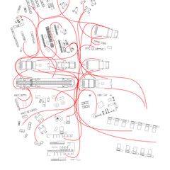 three diagrams showing circulation; from top to bottom: the circulation lines in red being segregated from the building and vehicles factors; the circulation lines in red in interaction with the vehicles and the interior of the building, the circulation lines  in red in interaction with the building’s voids