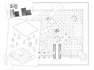 Cartoon of process of developing a kit of parts for a museum