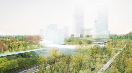 Rendered perspective overlooking parks and onto the urban development.