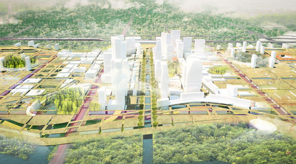 Rendered perspective looking down main throughfare with large-scale development and ample green space on either side.