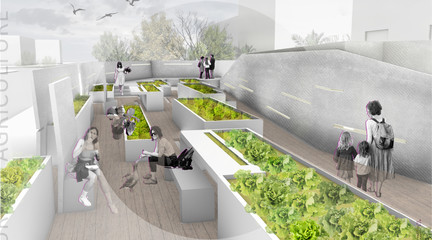 Rendred perspective of citizens engaging with urban agriculture.