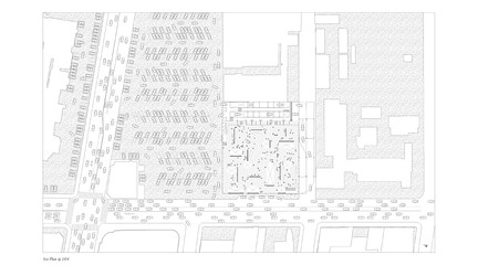 Site plan view in greyscale focusing on cars, streets and circulations.