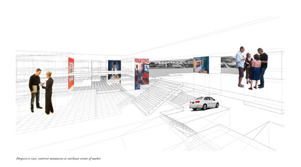 Perspective view of interior mezzanine at northeast corner of market.