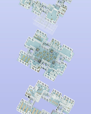 Exploded axonometric rendering showing programming at each floor, set against a purple gradient background.