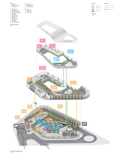 Exploded axonometric diagram rendered in color showing programming.