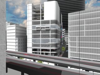Rendered perspective of the building's elevation viewed from the freeway.